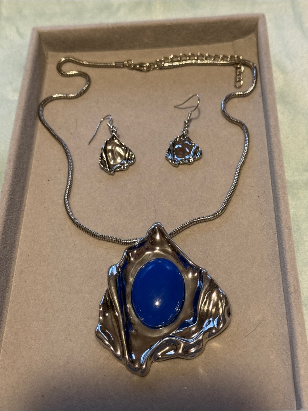 Silver-Tone Necklace & Earring Set with Deep Blue Stone